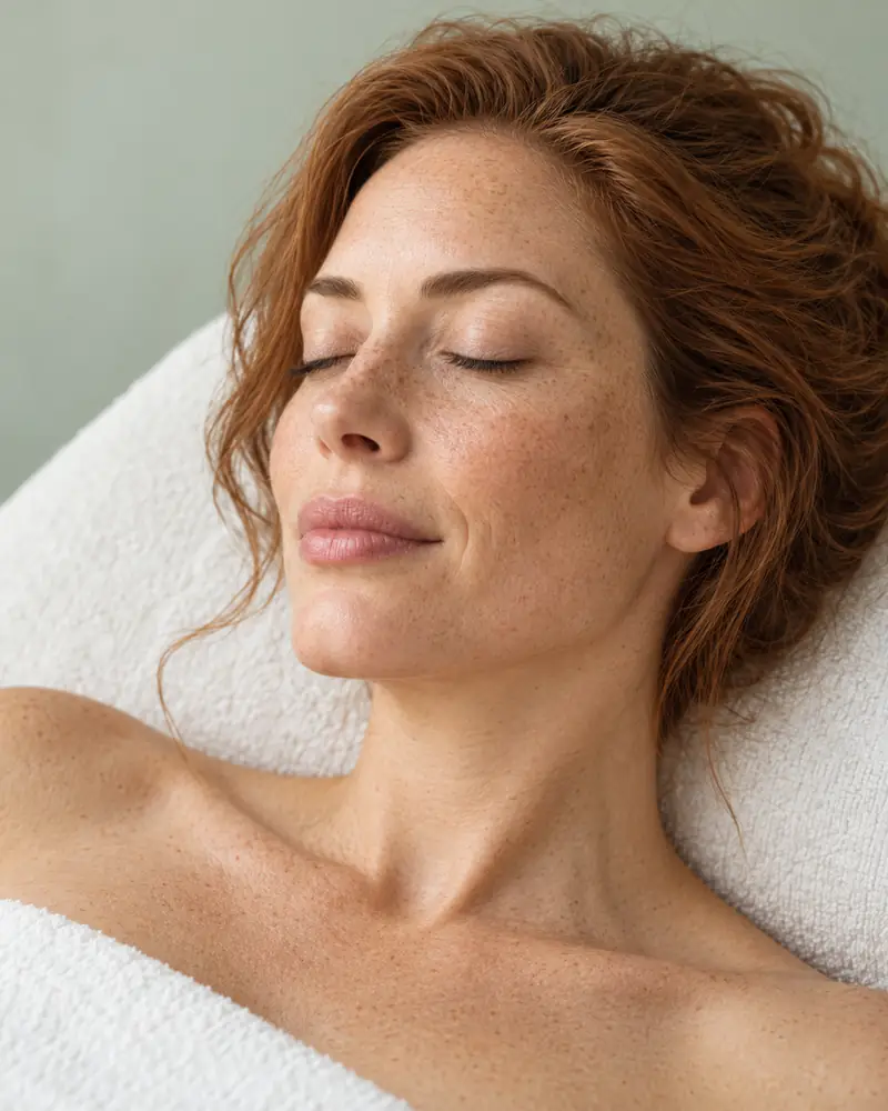 A woman with red hair and freckles resting with her eyes closed on a treatment couch