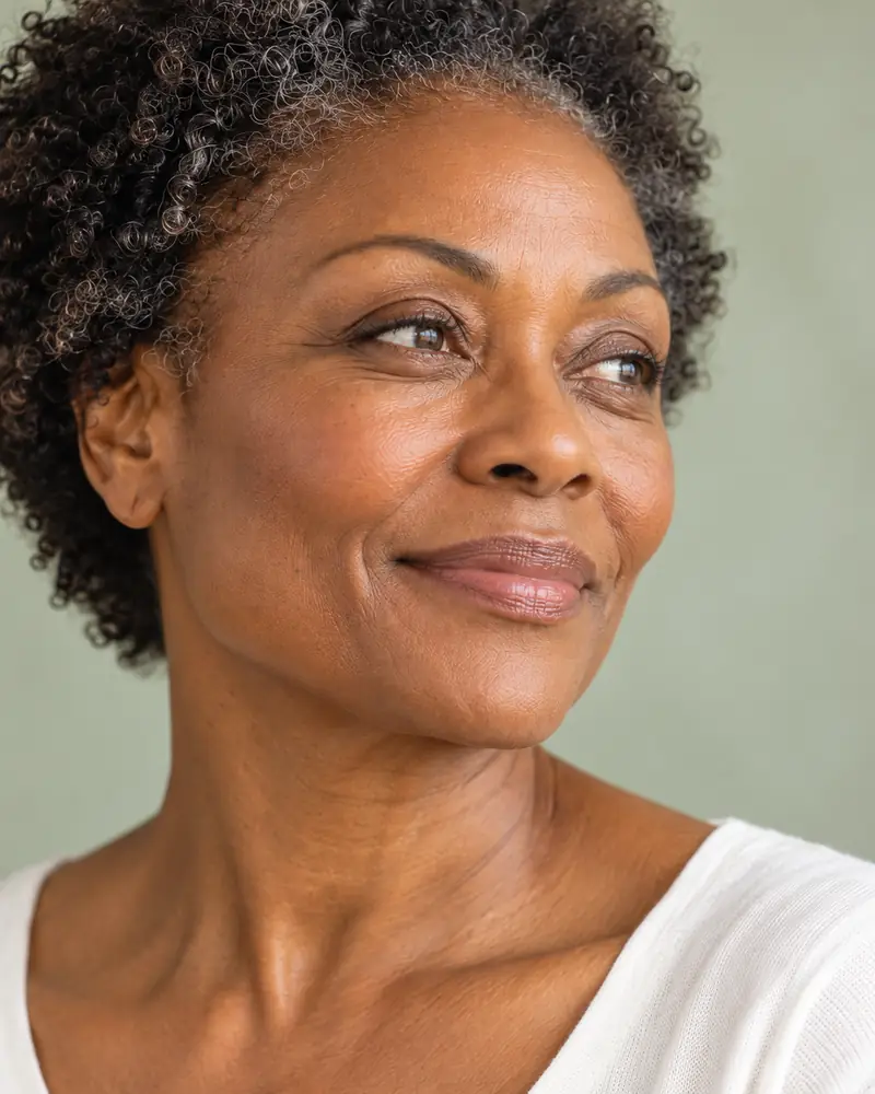 A woman with short natural grey-black hair, looking to one side in soft light