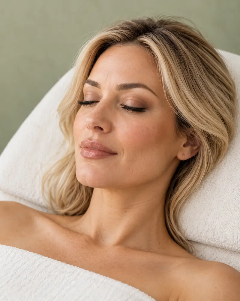 A woman with blonde hair resting with her eyes closed on a treatment couch