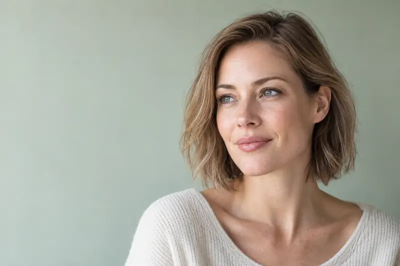 A woman in her thirties with a light-brown bob, turned towards the window in soft daylight. Illustrative image for a lines and wrinkles consultation at LUMEN, Birmingham.