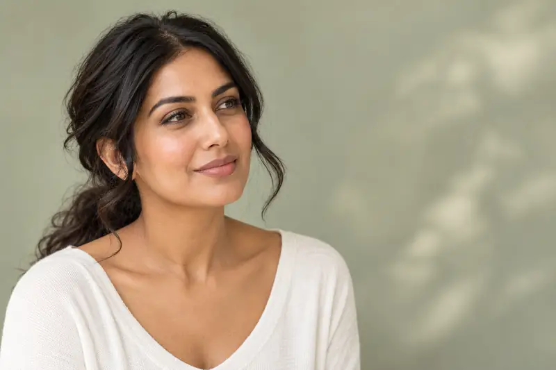 A woman in her forties with dark hair loosely tied back, smiling in daylight. Illustrative image for mesotherapy at LUMEN, Birmingham.