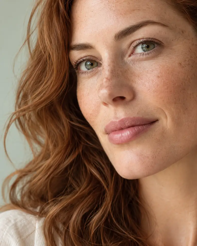 Close portrait of a woman with auburn hair and freckles in soft light