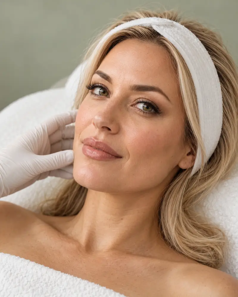 A woman with blonde hair and a white headband reclining as her skin is assessed