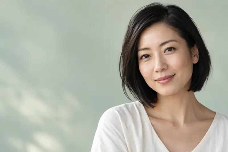 A woman in her thirties with a black bob, smiling gently in daylight. Illustrative image for microneedling at LUMEN, Birmingham.