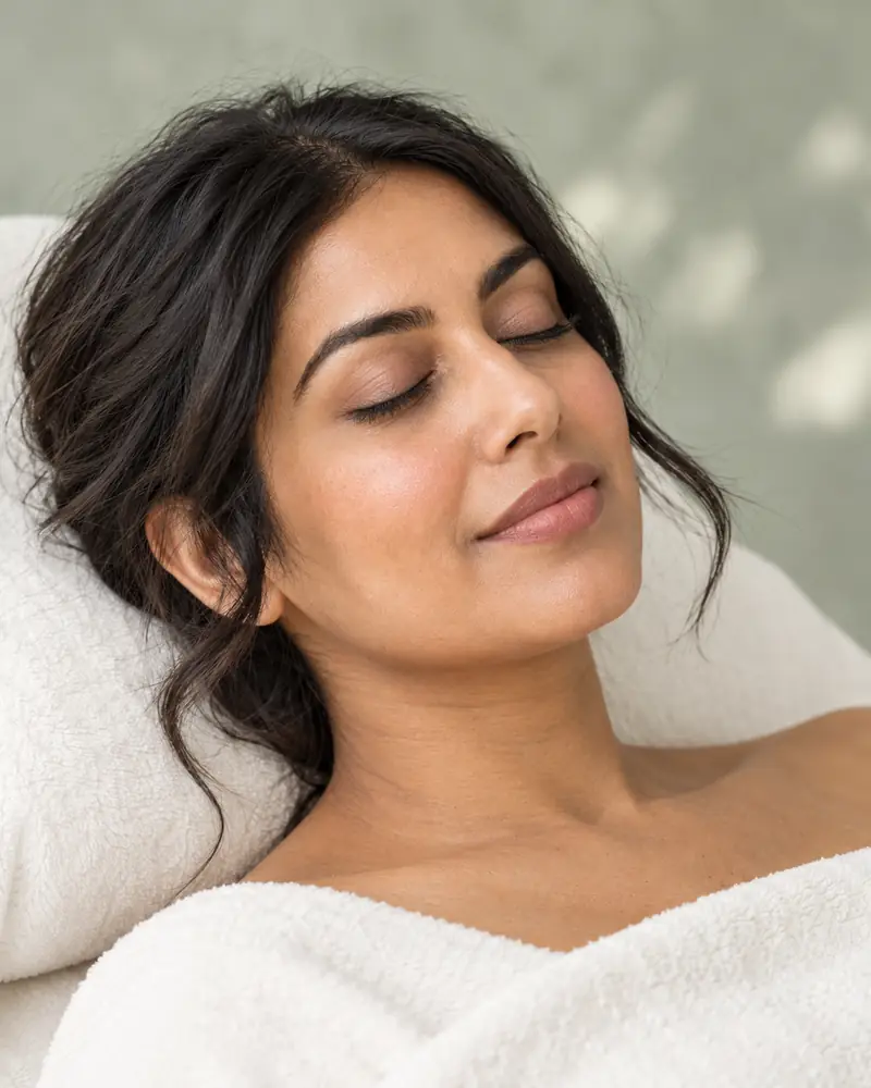 A woman with dark hair resting with her eyes closed on a treatment couch