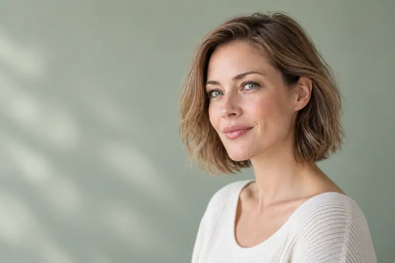 A woman in her thirties with a tousled light-brown bob, smiling in daylight. Illustrative image for PDO threads at LUMEN, Birmingham.