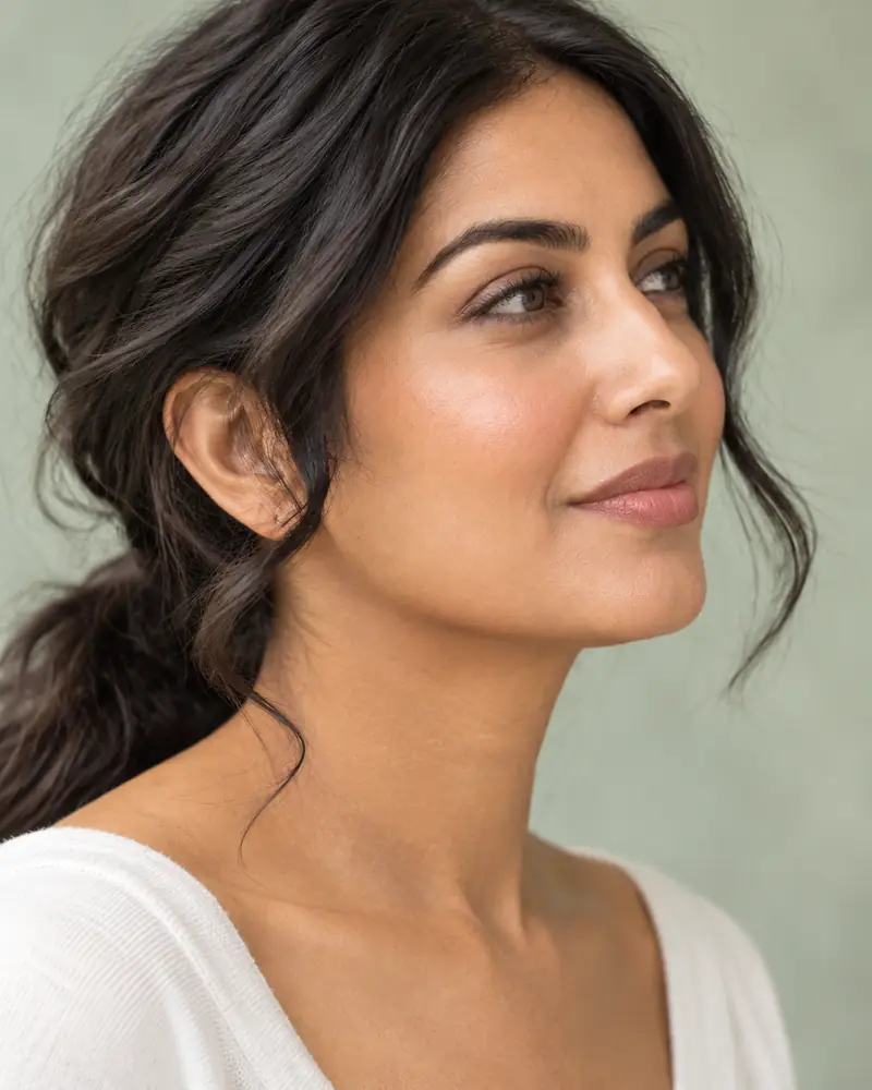 A woman with long dark hair tied back, in profile against a sage wall