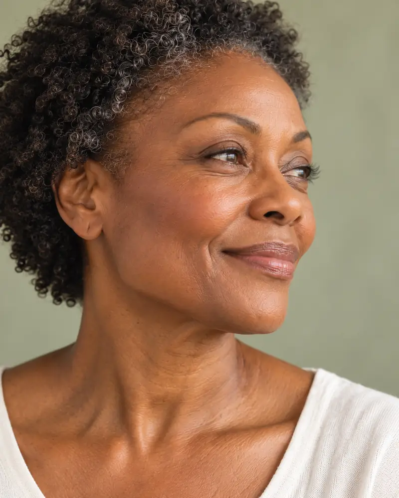 A woman with short grey-black curls looking to one side in soft light