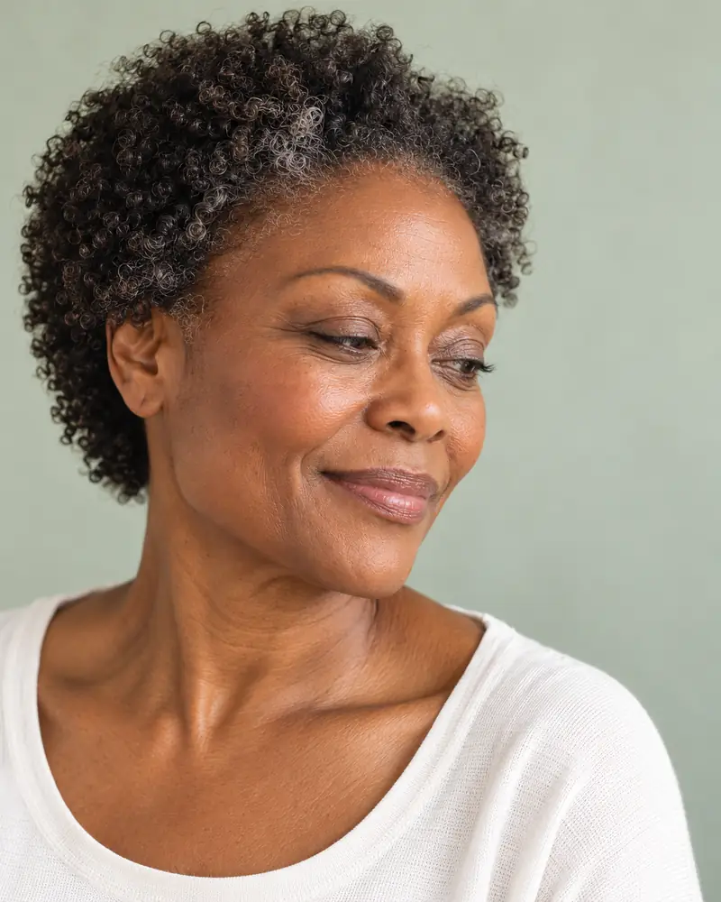 A woman with short grey-black curls, smiling and looking to one side
