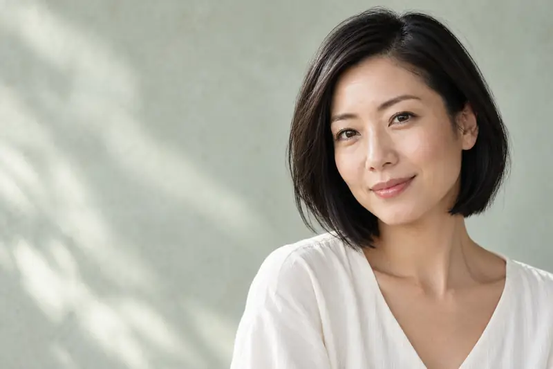 A woman in her thirties with a black bob, smiling gently in daylight. Illustrative image for a PRP facial at LUMEN, Birmingham.