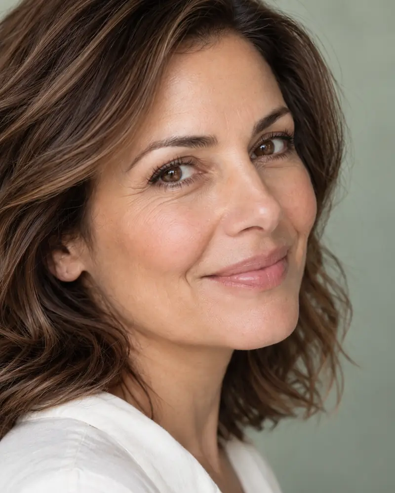 A woman with wavy brown hair, smiling in soft light