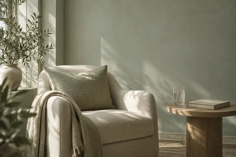 A quiet consultation room corner with a linen armchair, olive branch and soft daylight