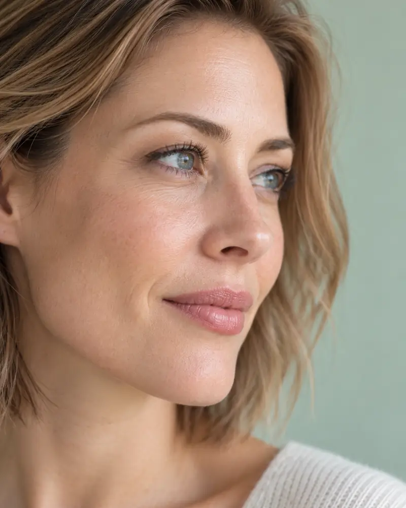 Close portrait of a woman’s cheek and eye in soft side light, showing natural skin texture